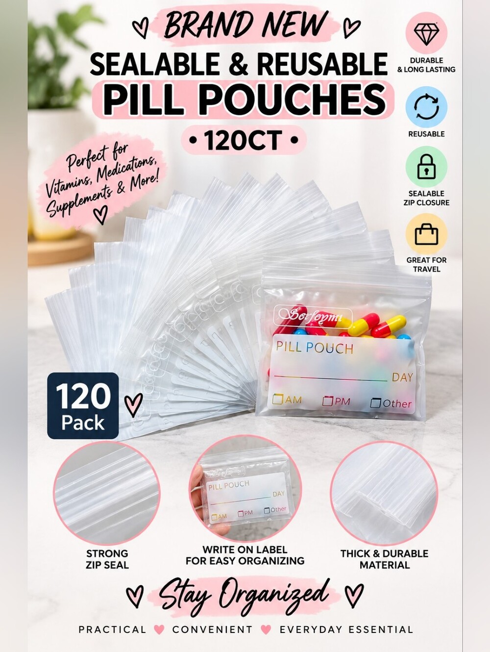 Clear Sealable Pill Pouches - 120 Pack